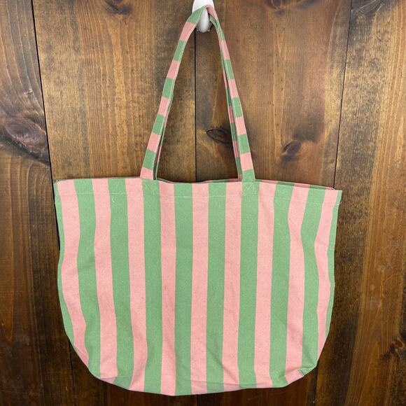 Sezane Bonjour Texas Tote Canvas Bag Striped Green Pink Shopper Tote - Picture 2 of 10
